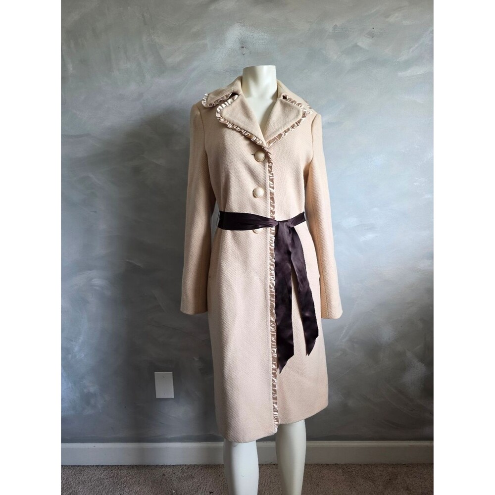 Express Camel Tan Wool Blend Peacoat Trench Satin Ruffle Trim And Belt Sz M